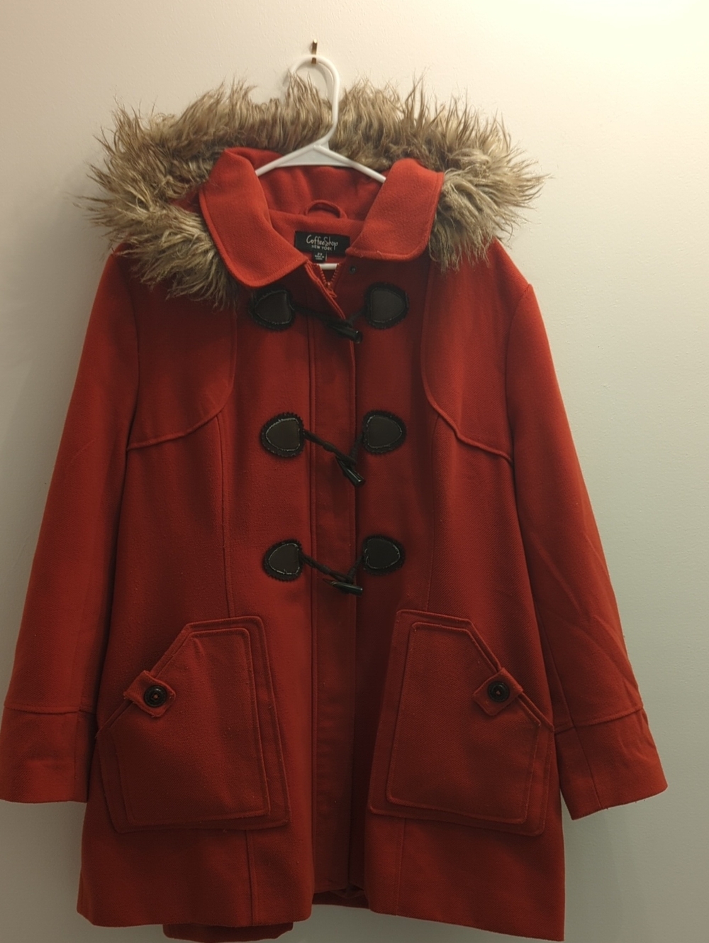 CoffeeShop Burnt Orange Toggle Pea Coat with Detachable Faux Fur Trim Hood (2X)